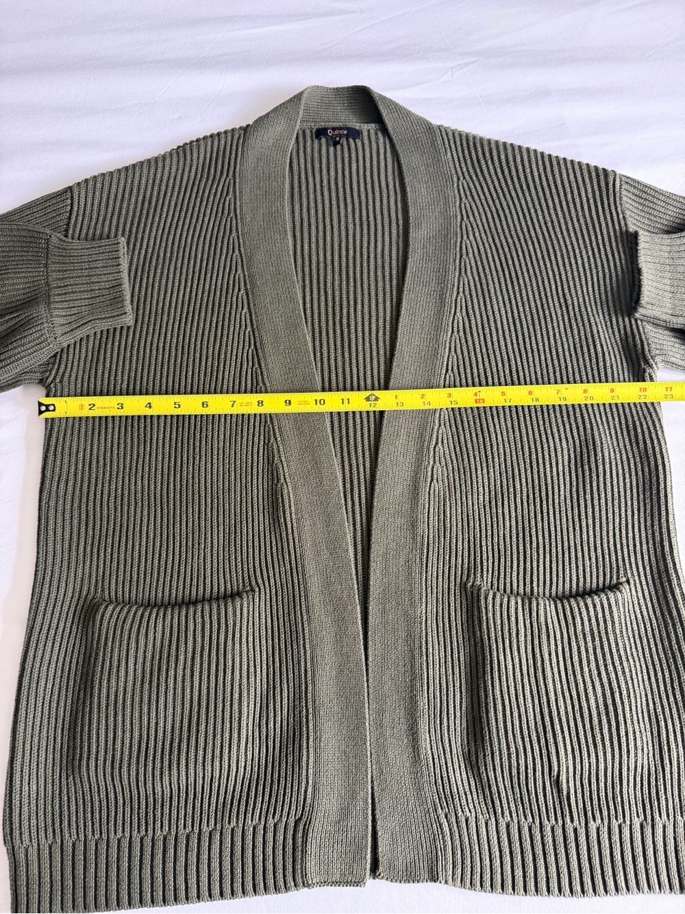 Quince 100% Organic Cotton Oversized Olive Green Ribbed Open Front Cardigan - Picture 15 of 16